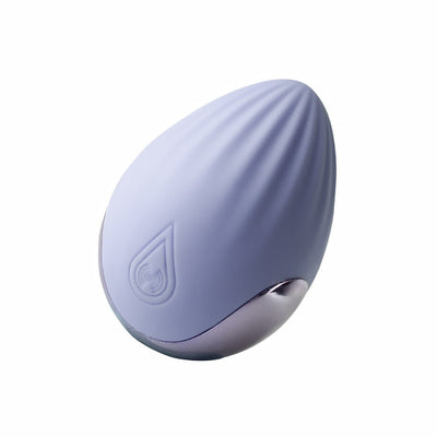 Cornflower blue Niya 4 rechargeable silicone palm-held massager with textured surface and silver accent.