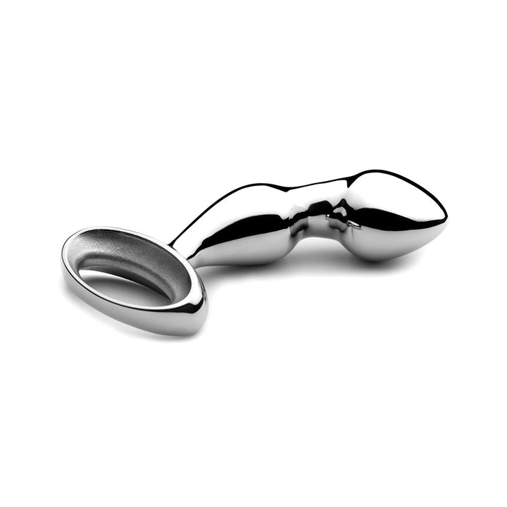 Sleek stainless steel nJoy Pfun Prostate Plug with ergonomic curved design and finger loop handle for precise control.