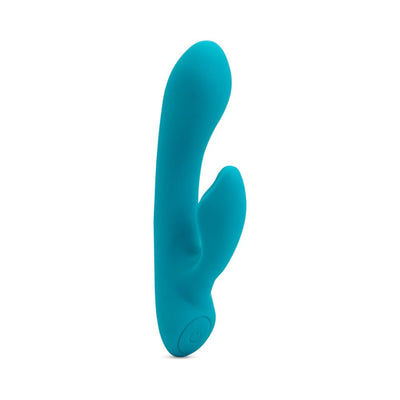 Teal silicone Nu Sensuelle Jolie Nubii warming mini rabbit vibrator with dual motors and one-button control.