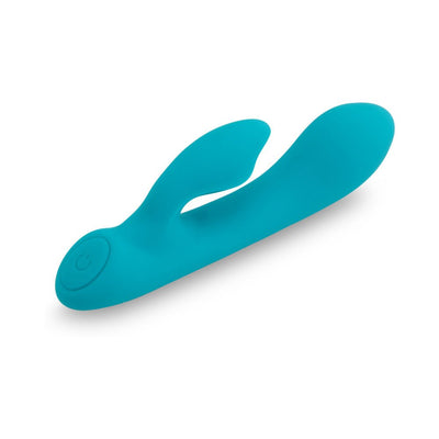 Teal silicone Nu Sensuelle Jolie Nubii warming mini rabbit vibrator with dual motors and one-button control.