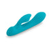 Teal silicone Nu Sensuelle Jolie Nubii warming mini rabbit vibrator with dual motors and one-button control.