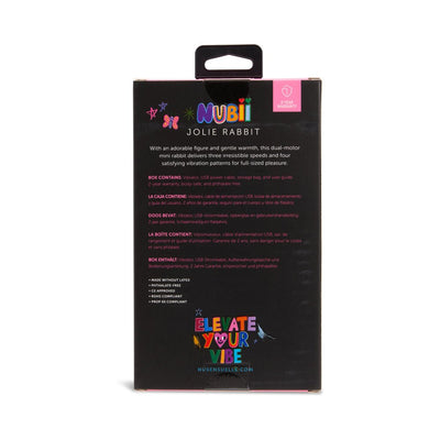 Back view of Nu Sensuelle Jolie Nubii Warming Mini Rabbit packaging with product details and warranty information.