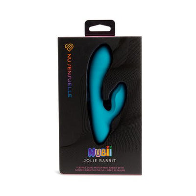 Nu Sensuelle Jolie Nubii Warming Mini Rabbit in turquoise displayed in sleek black packaging with colorful logo and product details.