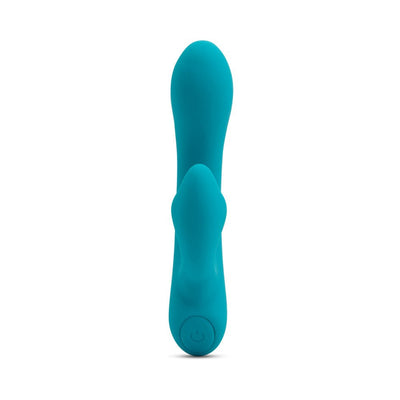 Teal silicone mini rabbit vibrator with dual motors and single-button control, designed for discreet pleasure.
