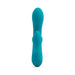 Teal silicone mini rabbit vibrator with dual motors and single-button control, designed for discreet pleasure.