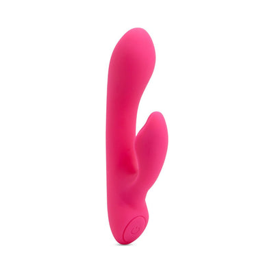 Pink silicone mini rabbit vibrator with dual motors and one-button control, designed for warming and travel-friendly use.