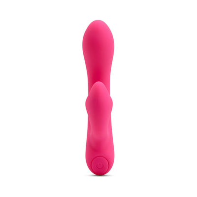 Bright pink mini rabbit vibrator with dual motors and a warming function, featuring a smooth silicone finish and one-button control.