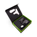 Open black and green box containing a black lace panty, a small black bullet vibrator, and a matching remote control.