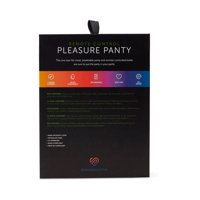 Nu Sensuelle Pleasure Panty packaging showing product features and contents in black box with colorful band
