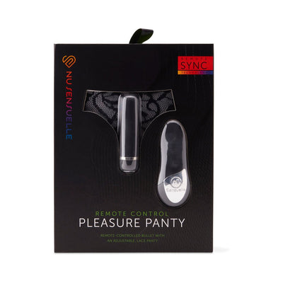 Nu Sensuelle black lace pleasure panty with remote-controlled bullet vibrator in retail packaging.