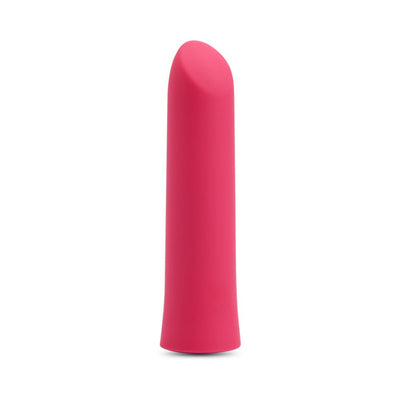 Pink silicone warming bullet vibrator with angled tip, sleek design, and smooth surface for targeted clitoral stimulation.