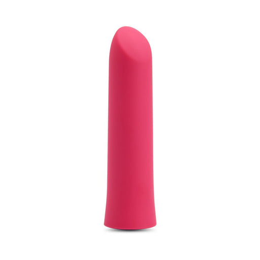Pink silicone warming bullet vibrator with angled tip, sleek design, and smooth surface for targeted clitoral stimulation.