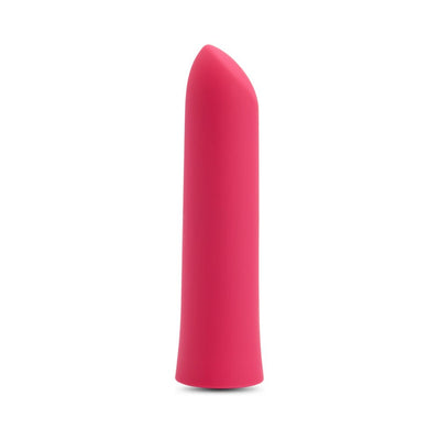 Pink silicone warming bullet vibrator with angled tip, sleek and compact design for targeted clitoral stimulation.