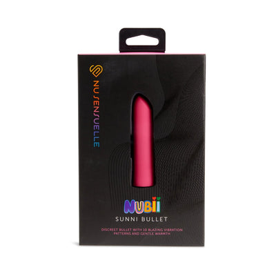 Nu Sensuelle Nubii Sunni warming bullet vibrator in pink with black retail packaging and colorful logo.