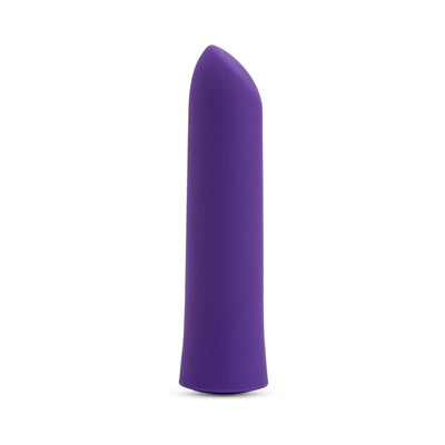 Purple silicone bullet vibrator with angled tip, designed for clitoral stimulation and warming sensation.