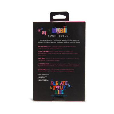 Back view of Nu Sensuelle Nubii Sunni Bullet vibrator packaging with product details and colorful branding.