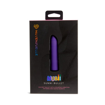 Packaging of Nu Sensuelle Nubii Sunni warming bullet vibrator in black box with purple product visible through window.