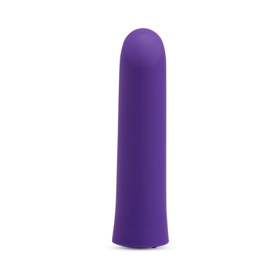 Purple silicone bullet vibrator with smooth rounded tip and sleek cylindrical shape standing upright on white background.