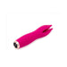 Bright pink silicone clitoral stimulator with three flexible petals and rose gold accent on white background.