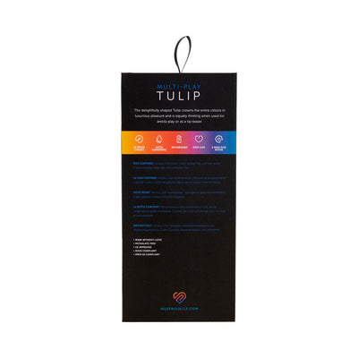 Black rectangular packaging box for Nu Sensuelle Tulip multi-play vibrator with colorful feature icons and product details.