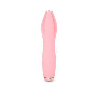 Pink silicone clitoral stimulator with three soft petals and rose gold base on white background.
