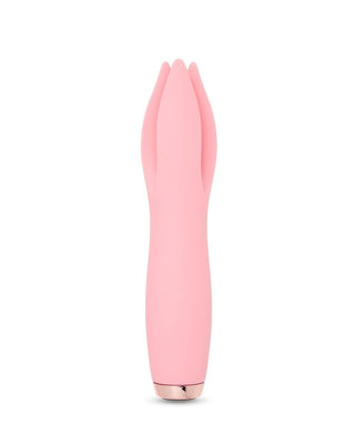 Pink silicone clitoral stimulator shaped like a tulip with three soft petals and a rose gold base.