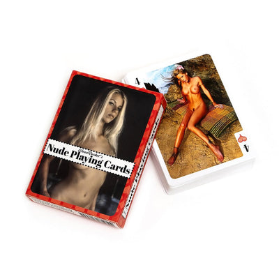 Deck of Nude Playing Cards with artistic photos of nude models, featuring a red-bordered tuck box and a card showing a model on a beach setting.