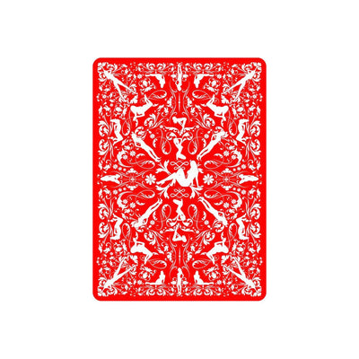Red playing card back design featuring intricate white silhouettes of nude figures and floral patterns.