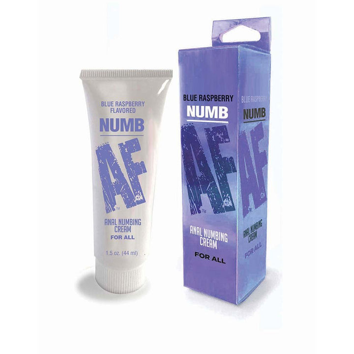 Tube and packaging of Numb AF Blue Raspberry flavored anal numbing cream 1.5 oz with purple and white design.