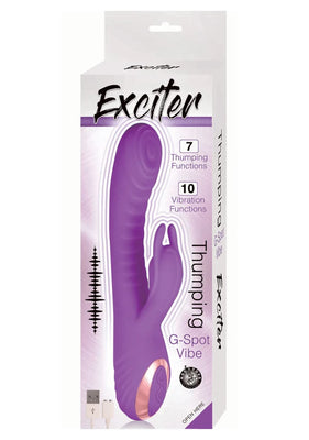 Purple dual-action G-spot vibrator with 7 thumping and 10 vibration functions in retail packaging with USB charger shown.