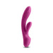 Dark pink silicone dual-stimulation vibrator with ergonomic curves and control buttons at the base.