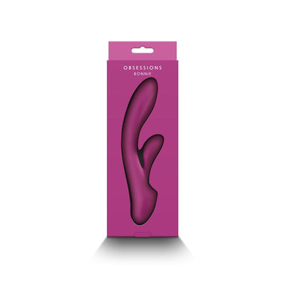 Obsession Bonnie dual-stimulation silicone vibrator in dark pink displayed in matching packaging box.
