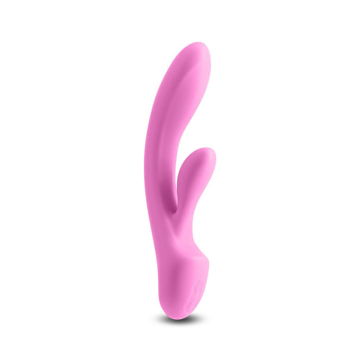 Pink silicone dual-stimulation vibrator with curved design and control buttons at the base.