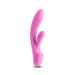 Pink silicone dual-stimulation vibrator with curved design and control buttons at the base.