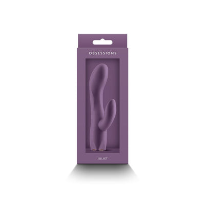Dark purple silicone dual-stimulation vibrator in sleek packaging labeled Obsessions Juliet.