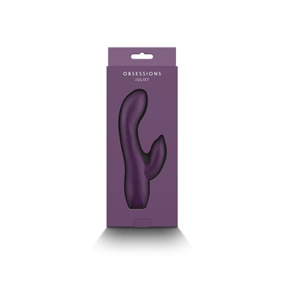 Dark purple silicone dual-stimulation vibrator in matching purple packaging labeled Obsessions Juliet.