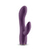 Dark purple silicone dual-stimulation vibrator with smooth curved design and flexible clitoral arm.