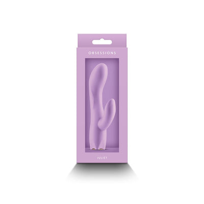 Light purple silicone dual-stimulation vibrator in matching purple box labeled Obsessions Juliet.