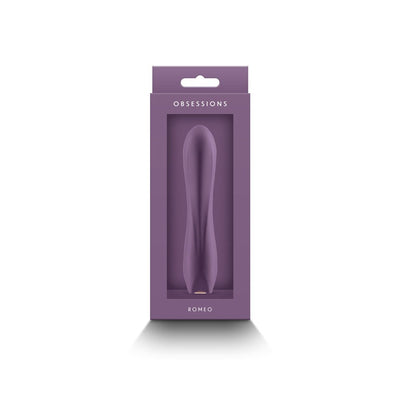 Obsession Romeo Light Purple silicone vibrator in sleek packaging with a smooth, ergonomic design.