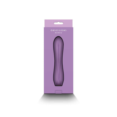 Light purple Obsessions Romeo silicone vibrator in matching purple packaging with clear window display.
