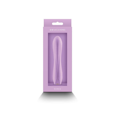 Light purple silicone vibrator in matching purple box packaging labeled Obsessions Romeo.