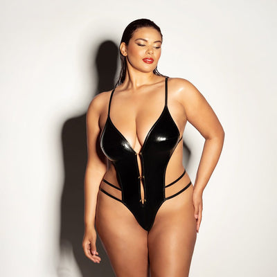 Oh La La Cheri FETISH Whipped Open Gusset Vinyl Teddy w/Barbell Black