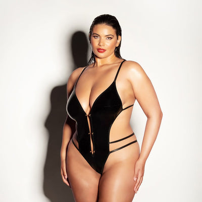 Oh La La Cheri FETISH Whipped Open Gusset Vinyl Teddy w/Barbell Black