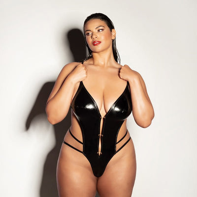 Oh La La Cheri FETISH Whipped Open Gusset Vinyl Teddy w/Barbell Black