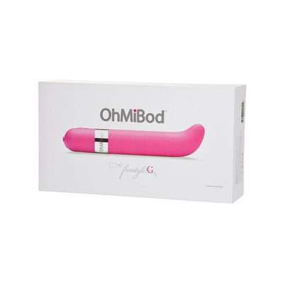 Packaging box of OhMiBod Freestyle G-Spot massager in pink with chrome accent, shown at actual size.