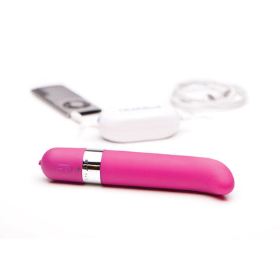 Pink OhMiBod Freestyle G-Spot vibrator with chrome accent and wireless remote control on white background.