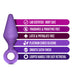 Purple silicone anal plug with looped handle, highlighting body-safe, fragrance-free, latex-free, smooth satin finish features.
