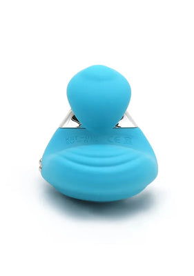 Blue swan-shaped finger vibrator with smooth silicone surface and ergonomic design on white background.