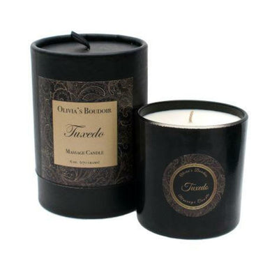 Olivia's Boudoir Tuxedo massage candle in black glass with matching decorative box, 6.5oz size.