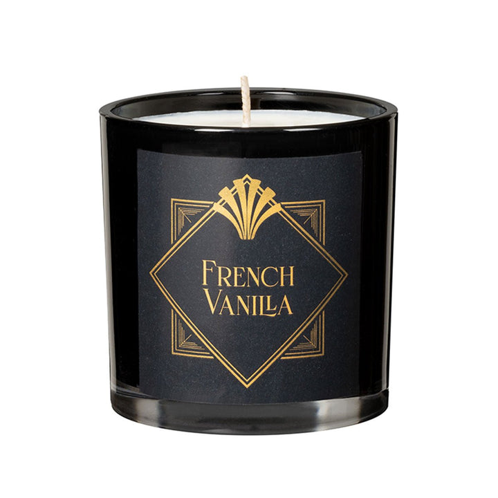 Black glass candle with gold French Vanilla label and white wax inside, single wick centered.